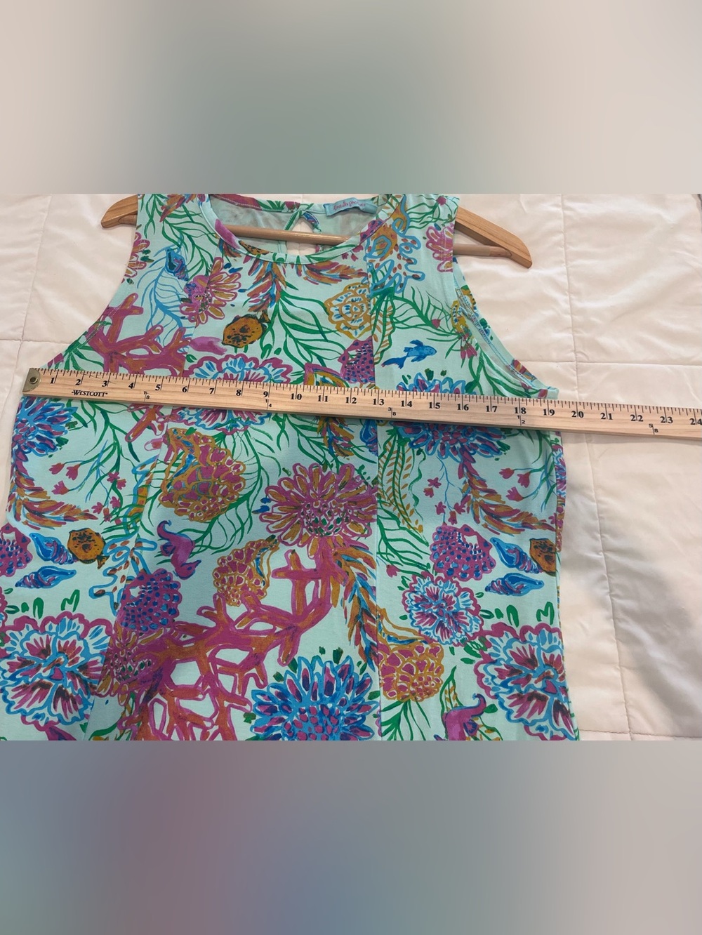 Fresh Produce LARGE Turquoise Aqua Sleeveless Tank Dress Sea Fish Coral Print - Picture 9 of 10